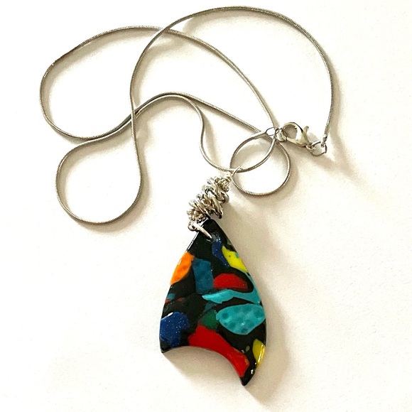 Multicolor polymer clay pendant and 925 silver plated chain. - Picture 2 of 4